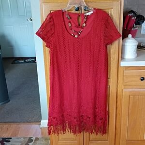Entro Vibrant Red Crochet Dress With Necklace Included.